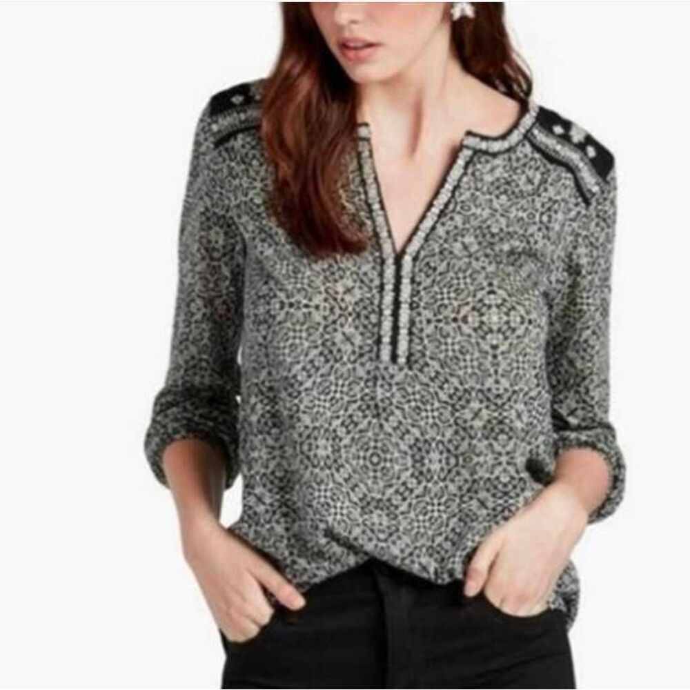 Lucky Brand Geometric Print Flowy Boho Embroidered Top Sz. 1X